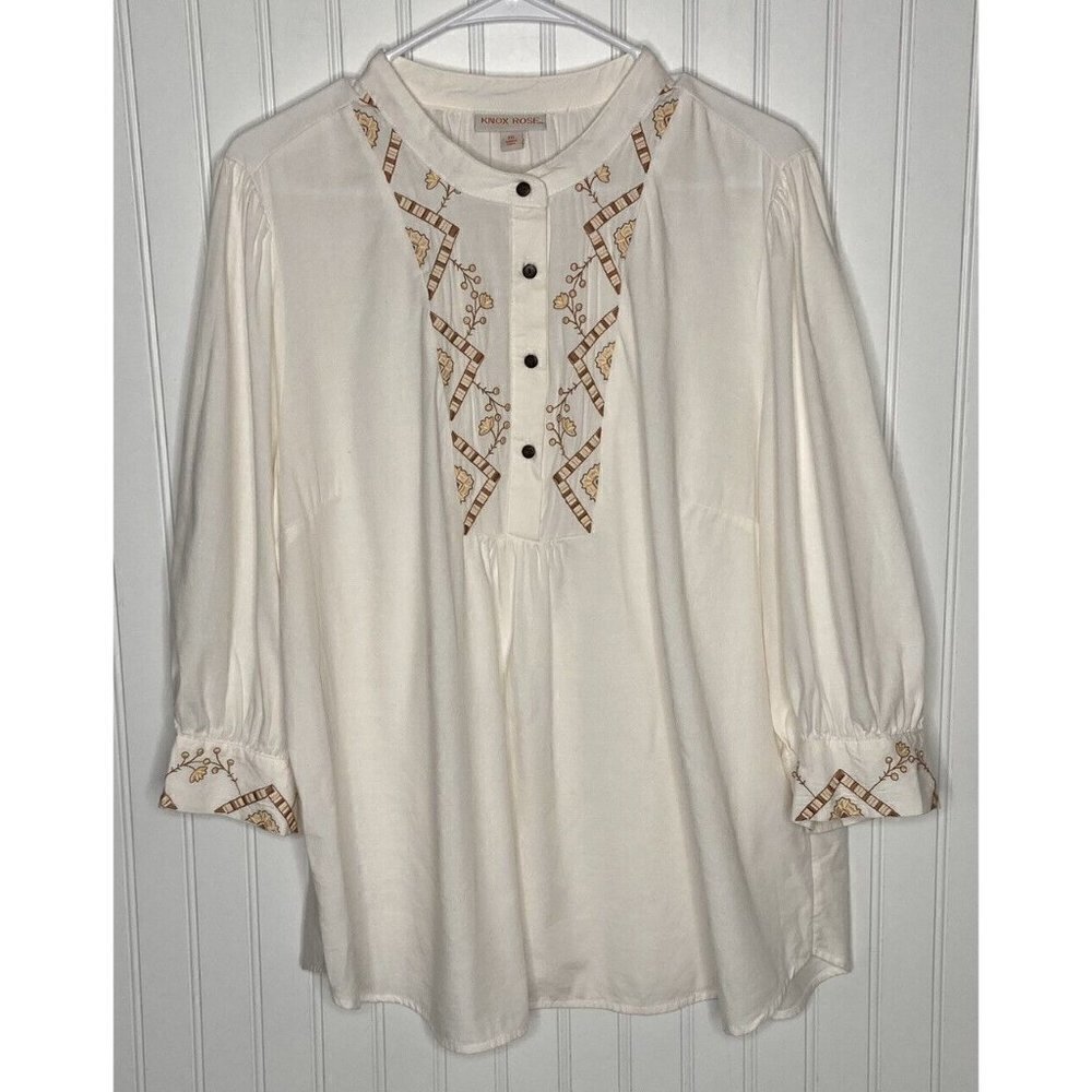 Knox Rose Embroidered Button Front Tunic Cream White Bishop‎ 3/4 Sleeve Top-XXL